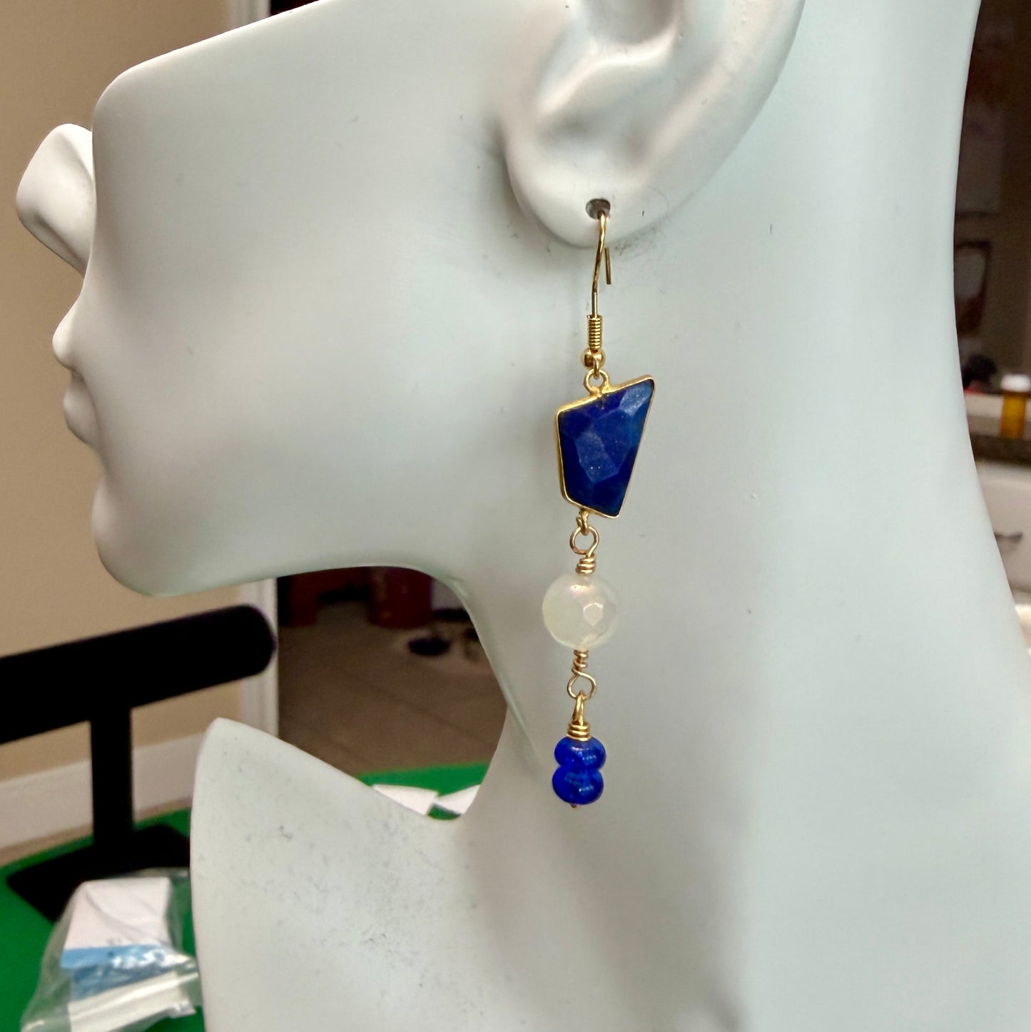 Earrings | 3 Tiered | Lapis | Moonstone | Cobalt Blue Glass| 18K Gold-Plated | 2”