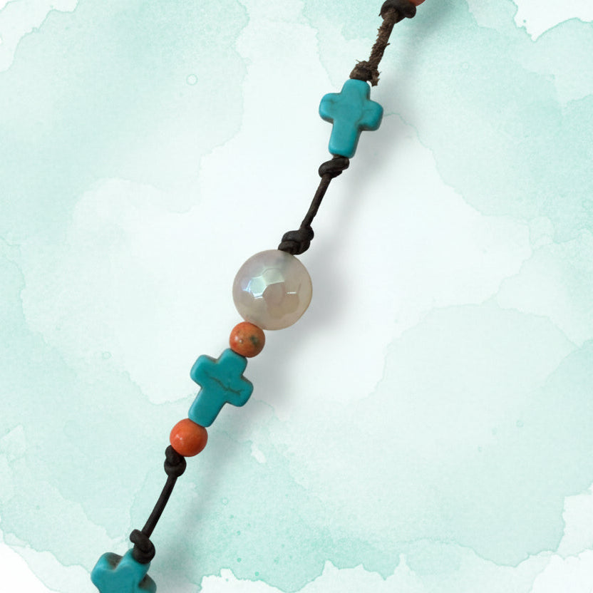 Leather Necklace | Red Aventurine Heart Pendant | Turquoise Magnesite Mini-Crosses | Misty Agate Beads | 18” | 2” Extention