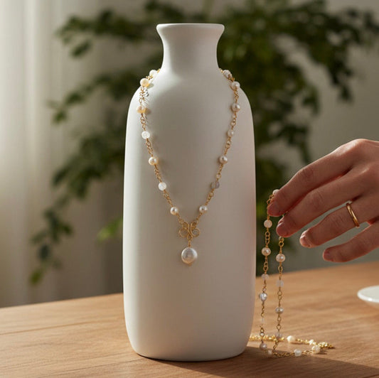 Freshwater Pearl and Moonstone Wire-wrapped Necklace