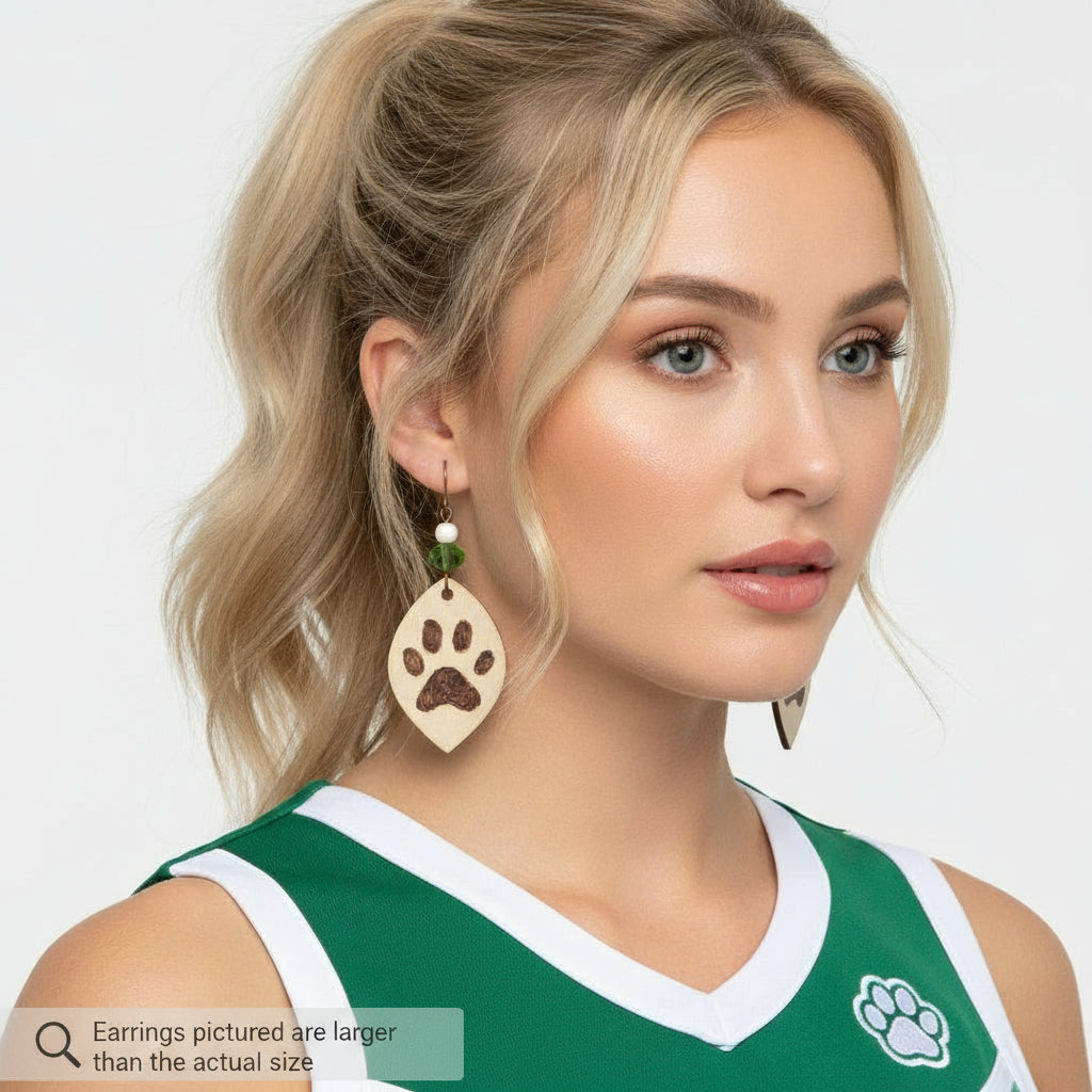 Earrings | Zentangles | Wood-burned | Paw Print | Drop & Dangle | Green Crystal | White Gemstone |3"