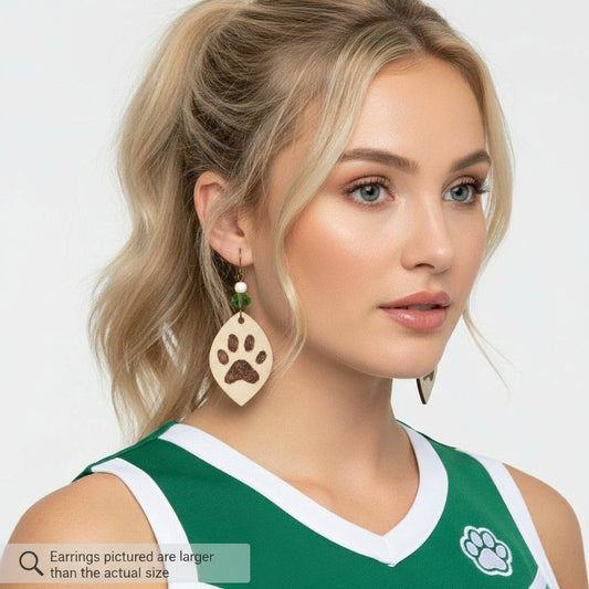 Earrings | Zentangles | Wood-burned | Paw Print | Drop & Dangle | Green Crystal | White Gemstone |3"