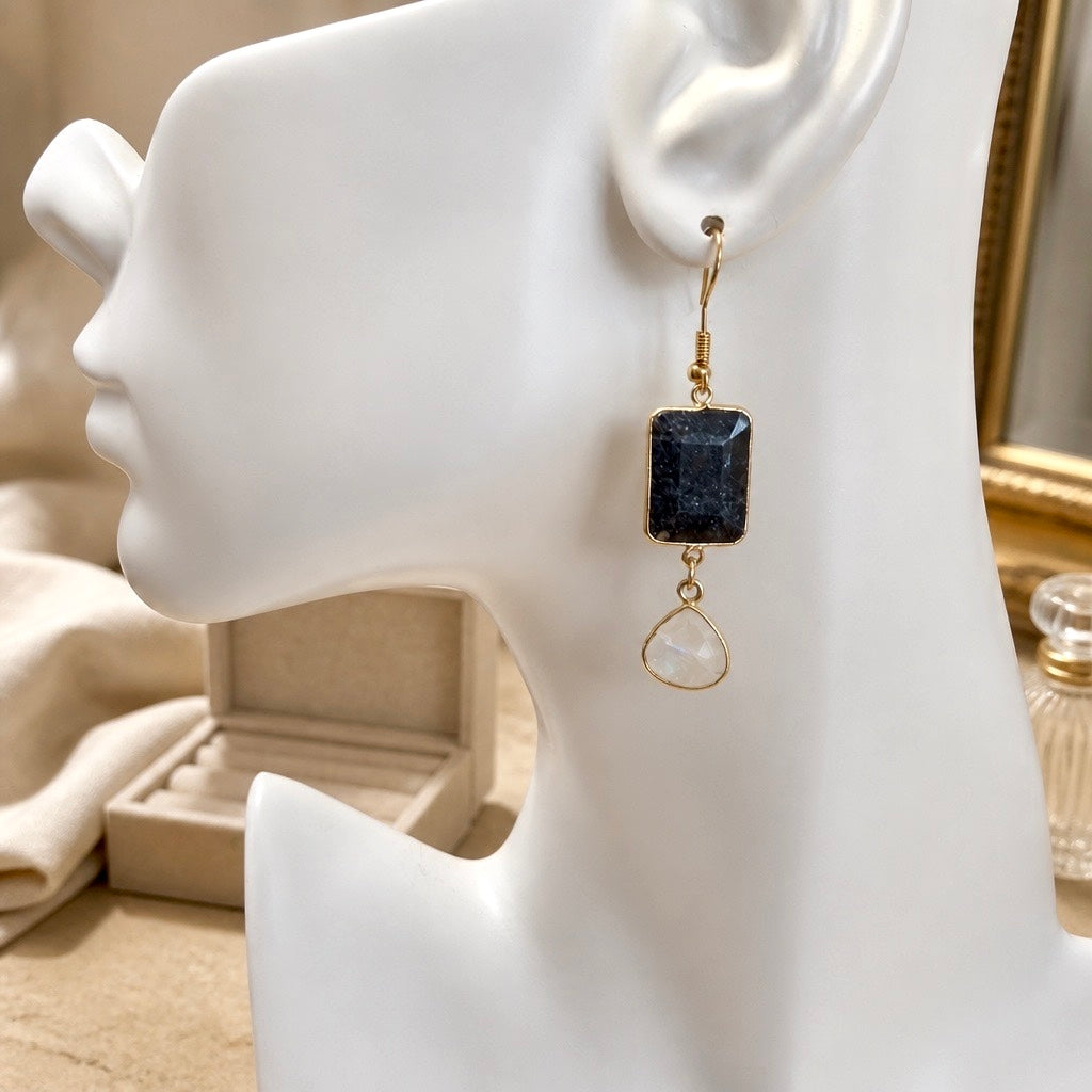 Earring | Dendrite | Moonstone | 18K Gold-Plated | 2.25"