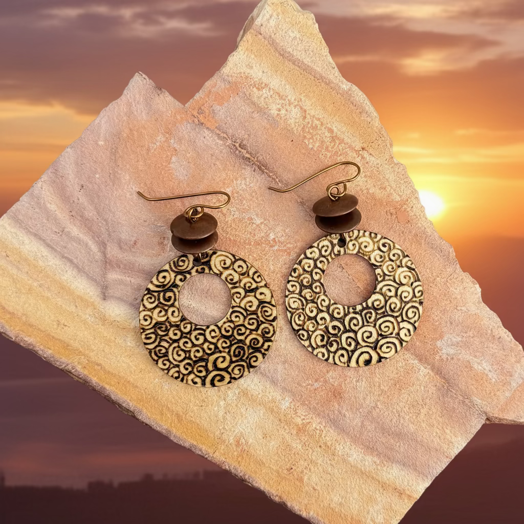 Earrings | Hoop |Zentangled Printemps Design | Wood-burned | Copper Saucer Beads | 2.5"