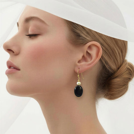Earrings | Black Onyx and Freshwater Pearls | 1.5"