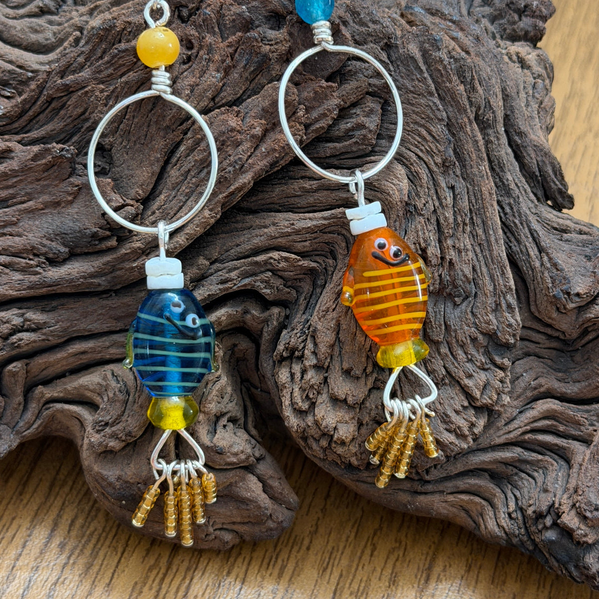 Wire-wrapped Fish Earrings with Whimsical Glass Fish | 4"