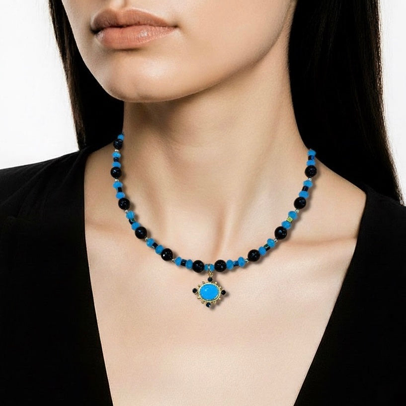 Turquoise Glass Beads  and Onyx Gemstones with a Turquoise and Onyx Pendant 18.5”