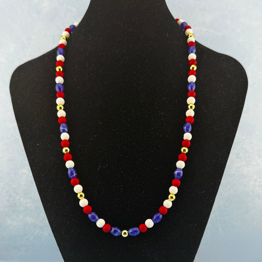 Red, White, Blue, and Gold Necklace 20" by