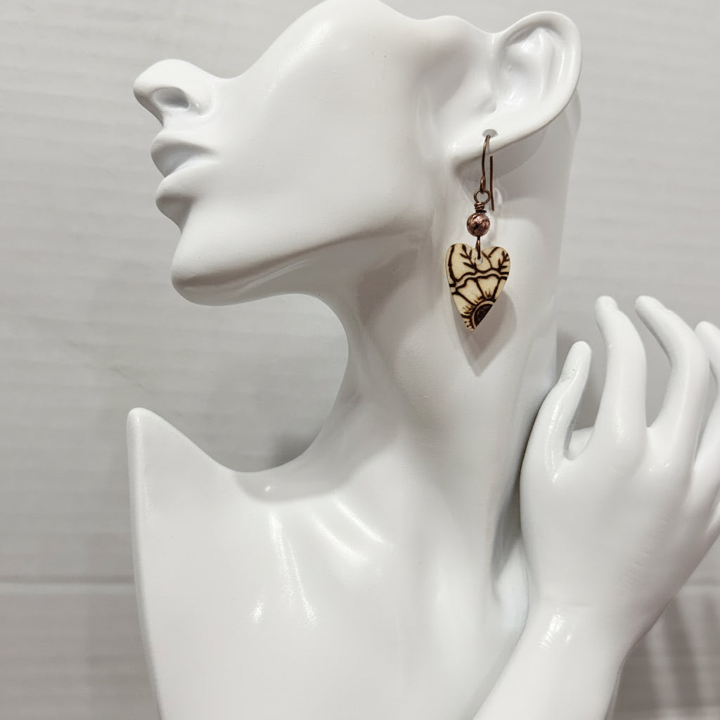 Earrings | Heart Shaped |Copper-Plated Lava Stone | Sunflower | 2"