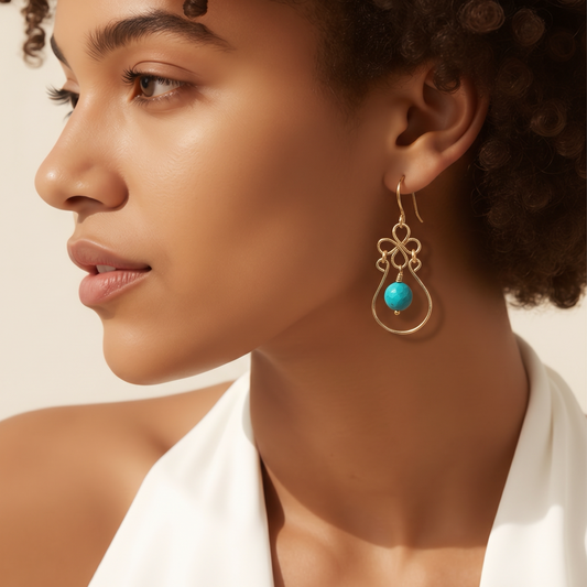 Magnestite Turquoise Wire-wrapped Earring with Clover | 2"