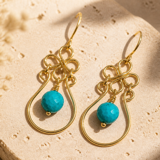 Magnestite Turquoise Wire-wrapped Earring with Clover | 2"