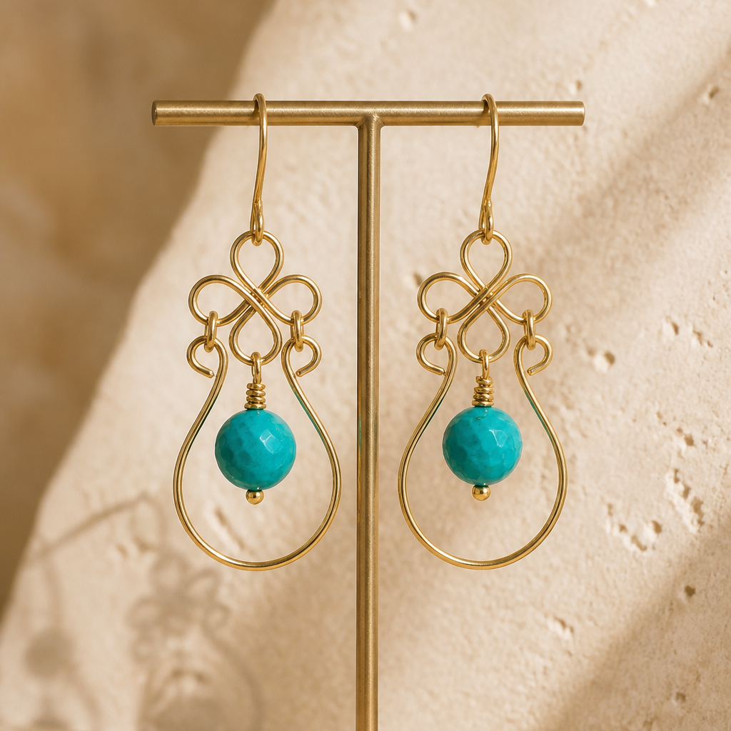 Magnestite Turquoise Wire-wrapped Earring with Clover | 2"
