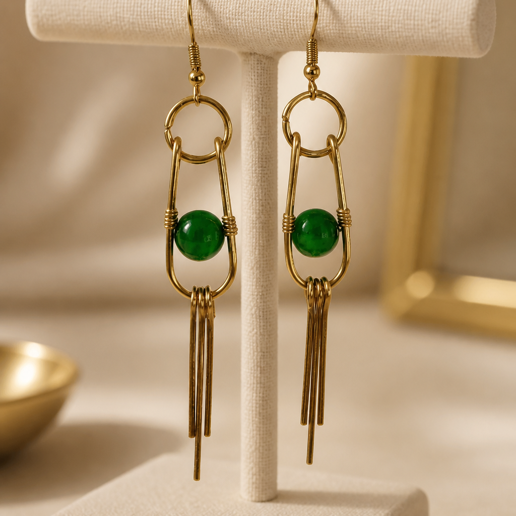 Green Tigereye Earring nestled in a Wire-wrapped Frame with flun Fringe at the bottom | 3"
