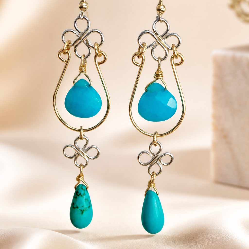 Magnesite Turquoise Chandelier Earrings with Mixed Metals | 3.5"