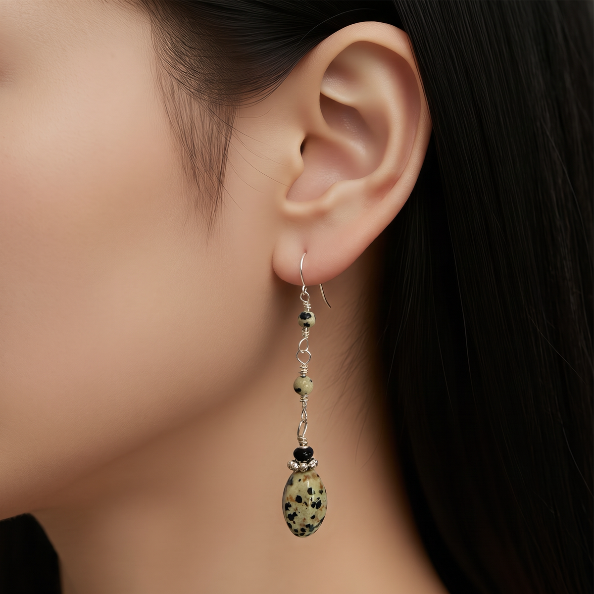 Dalmation Jasper & Onyx Earrings | 2.75"