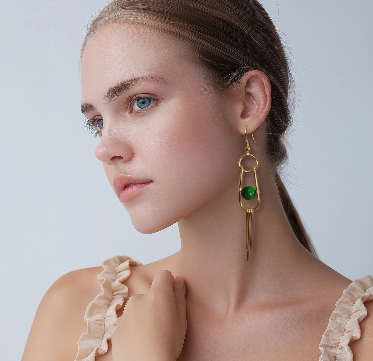 Green Tigereye Earring nestled in a Wire-wrapped Frame with flun Fringe at the bottom | 3"
