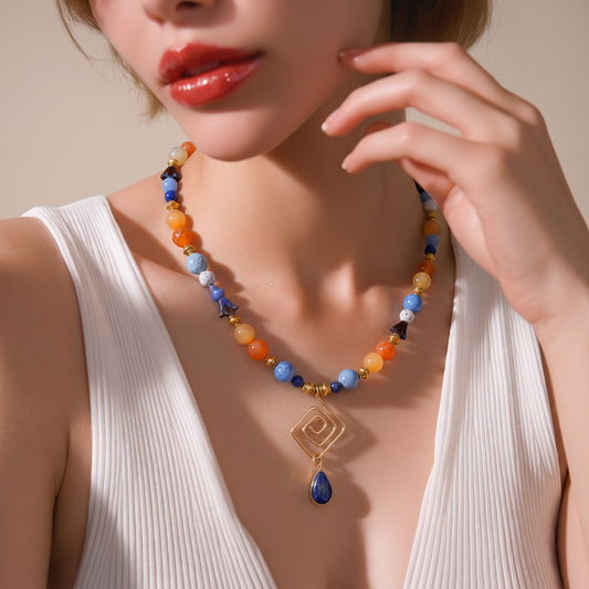 Multi Necklace | Yellow, Orange, and Blue Agate Beads | Featuring Hand-made Geometic Pendant | Focal Sodalite Teardrop | 18" with 2" Extension