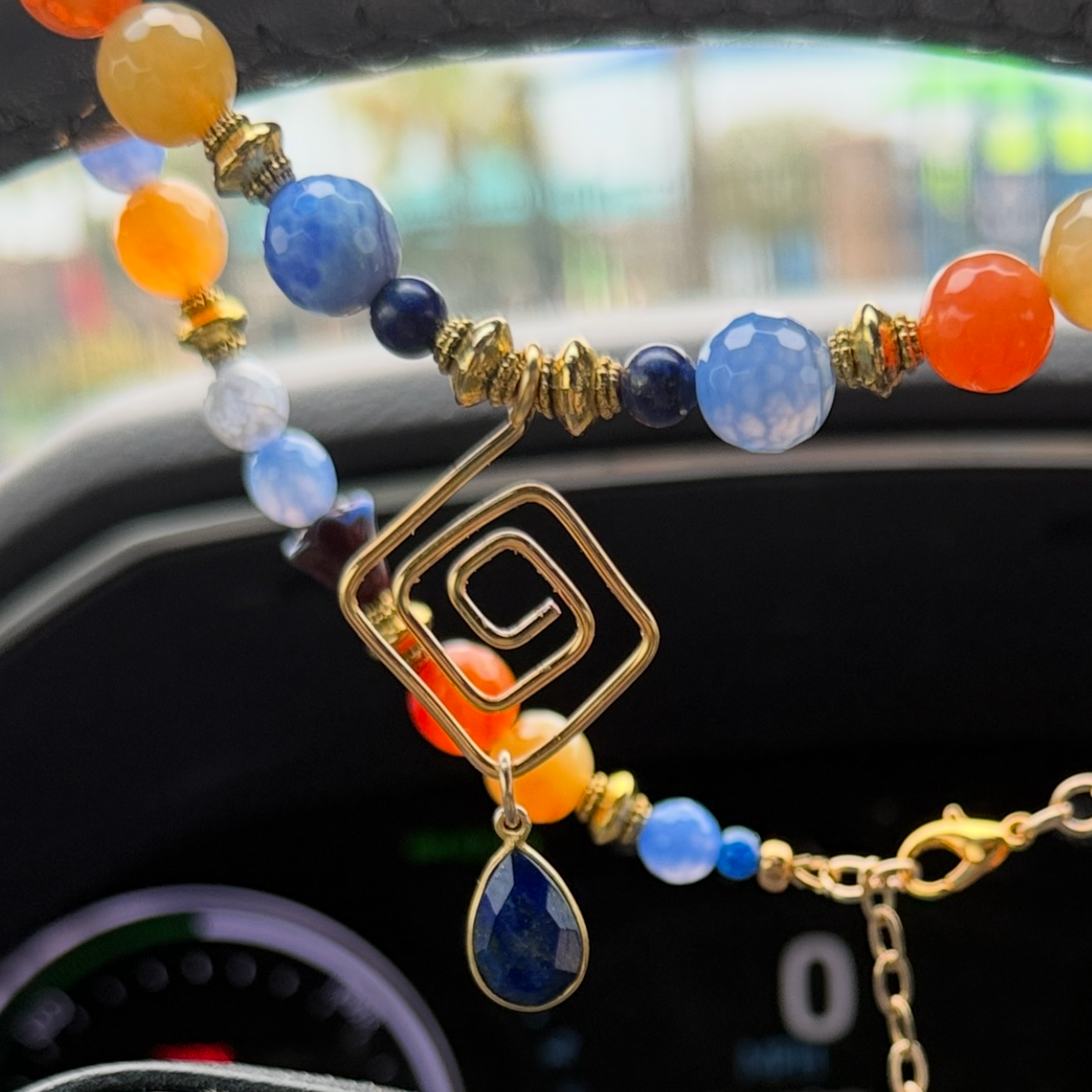 Multi Necklace | Yellow, Orange, and Blue Agate Beads | Featuring Hand-made Geometic Pendant | Focal Sodalite Teardrop | 18" with 2" Extension
