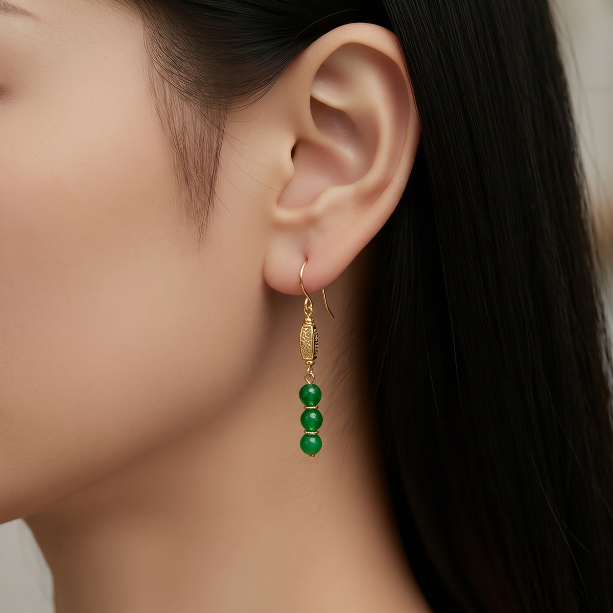 Green Jade Earrings with Decorative Matte Gold Beads