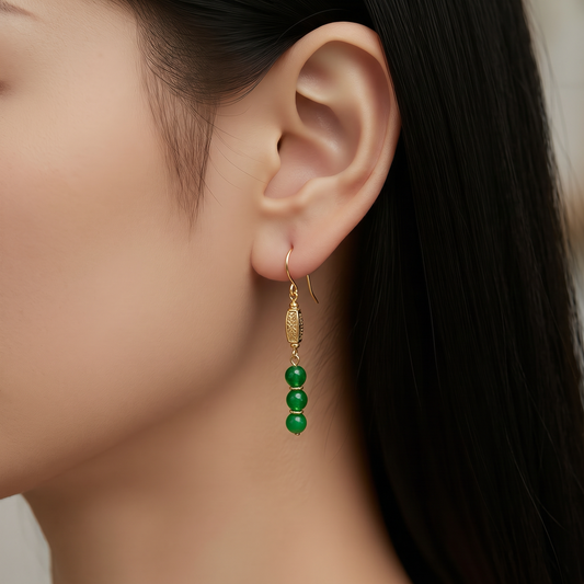 Green Jade Earrings with Decorative Matte Gold Beads | 2.5”