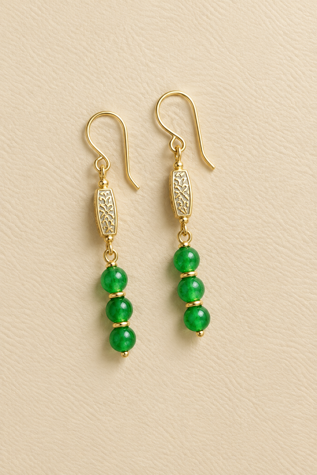 Green Jade Earrings with Decorative Matte Gold Beads