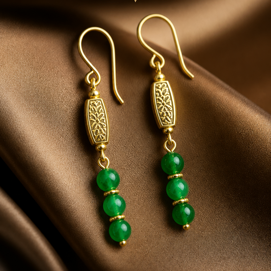Green Jade Earrings with Decorative Matte Gold Beads | 2.5”