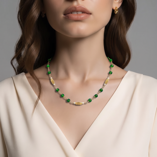 Green Jade Necklace with Decorative Matte Gold Beads| 18” plus 2” Extension