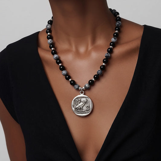 Necklace | Black Onyx | Gray Crazy Lace | Pewter Owl Pendant | 16” | 2" Extension