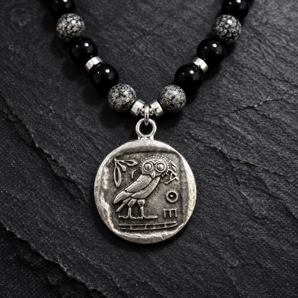 Necklace | Black Onyx | Gray Crazy Lace | Pewter Owl Pendant | 16” | 2" Extension