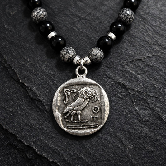 Necklace | Black Onyx | Gray Crazy Lace | Pewter Owl Pendant | 16” | 2" Extension