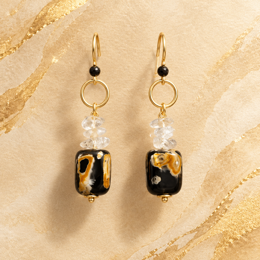 Black Peanut Obsidian Earrings with Citrine Chips | 2.25”
