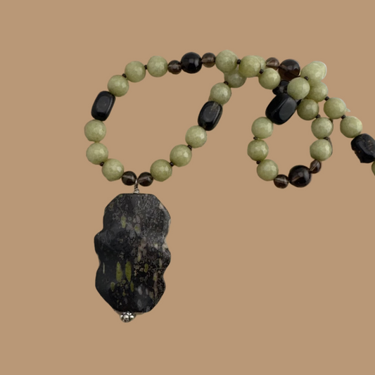 Green Jade with Brown Glass & Speckled Ocean Jasper Pendant 23"