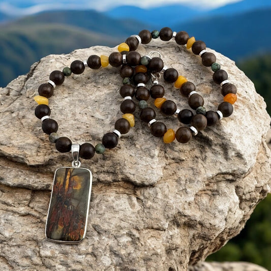 Amazing Necklace with Native Fall Colored Beads & a Pietersite Pendant 22"