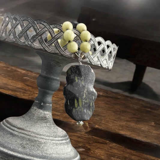 Green Jade with Brown Glass & Speckled Ocean Jasper Pendant 23"