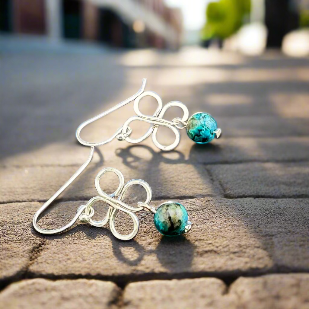Earrings | Wire-Wrapped Clover Designs | Silver-plated | Turquoise Gemstones | 1.5"