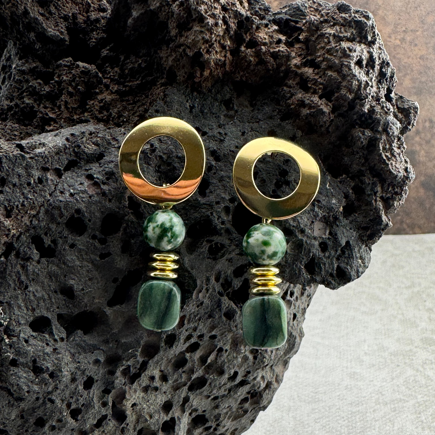 Earrings | Moss Agate Gemstones | Nephrite Jade Cube Beads | 18K Plated spacers | 1.5”