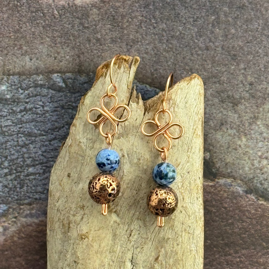 Earrings : Sodalite Gemstones |  Wire-Wrapped Clover Designs | Copper-plated Lava Rocks | 2"