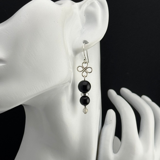Earrings | Onyx Gremstones | Wire-Wrapped Clover Findings | Moonstone | Silver-plated Spacers | 2"