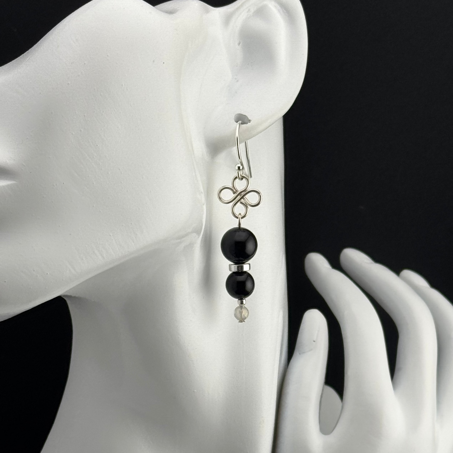 Earrings | Onyx Gremstones | Wire-Wrapped Clover Findings | Moonstone | Silver-plated Spacers | 2"