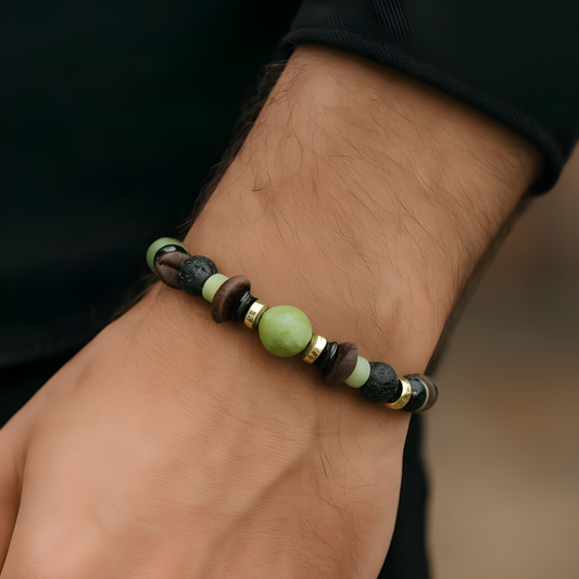 Green Jade |  Black Onyx | Seeds | Back Lava Stones | 18K Gold-plated Spacer Discs