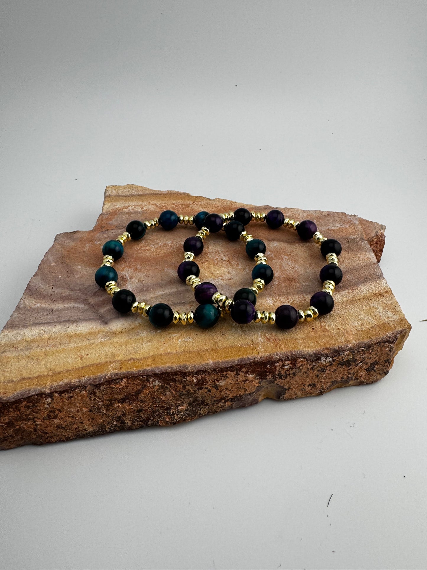 Bracelet |Tigereye Gemstones | 18K Gold-plated Spacer Beads | Triple Disc Bracelets