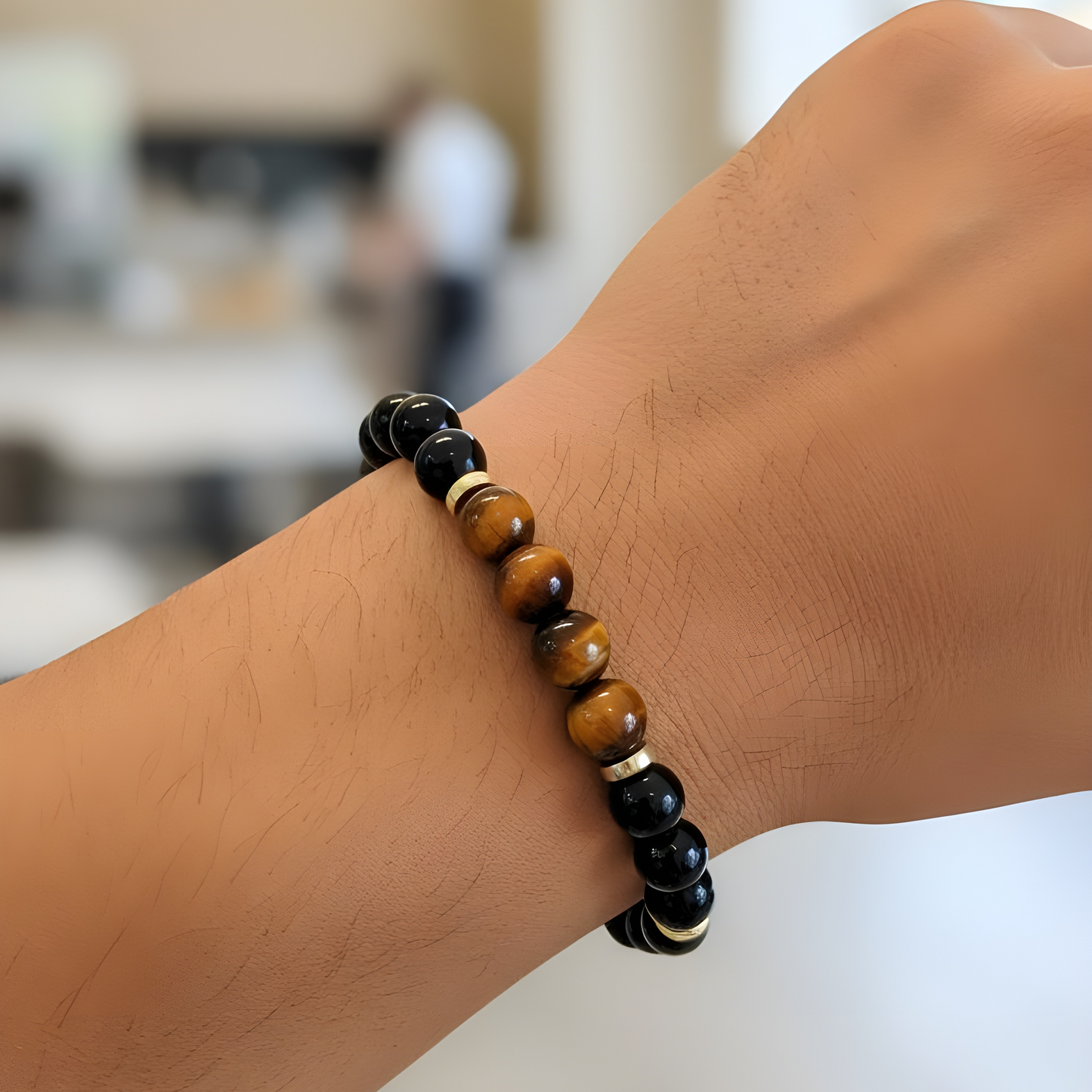 Golden Tigereye Gemstones | Black Onyx Gemstones | 18K Gold-plated Discs | Stretch Bracelet