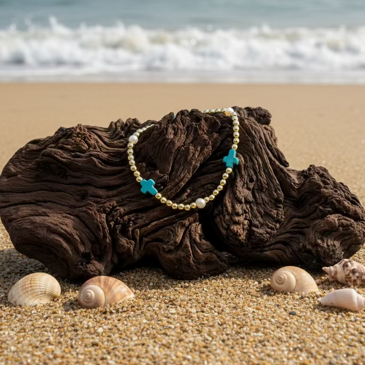 Bracelet | Magnetite Turquoise Mini-Cross | 18K Gold-filled Beads | Freshwater Pearls