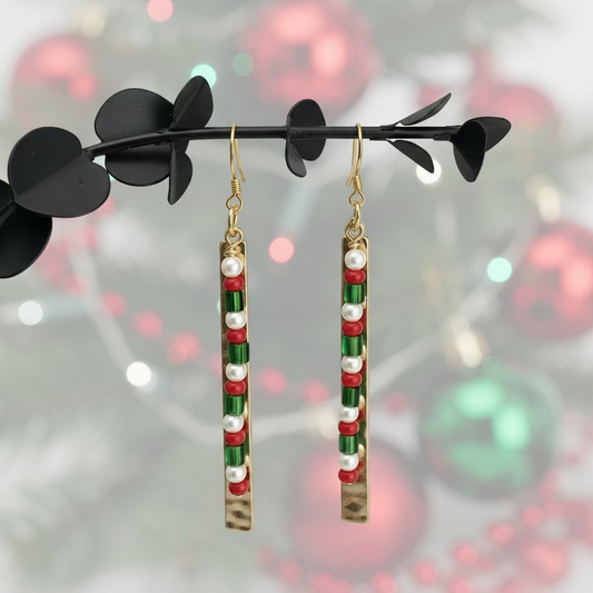Earrings | Gold-played Hammered Bar | Red & Green Seed Beads | Glass Pearls | 3.25"