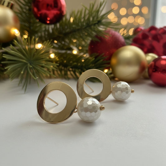 Earrings| Faceted Glass Beads | White | Circular Posts | 1.25"