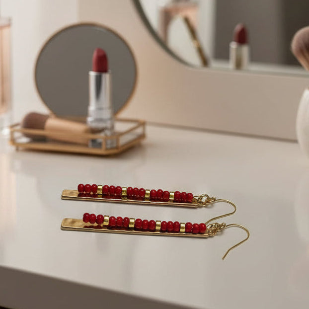 Earrings | Hammered Bar | Red Seed Beads | 18K GP Spacer Discs | 3"