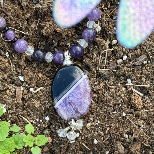 Necklace | Black & Amethyst Agate Pendant | Onyx | Purple Lepidolite & Amethyst Gemstones | 22”