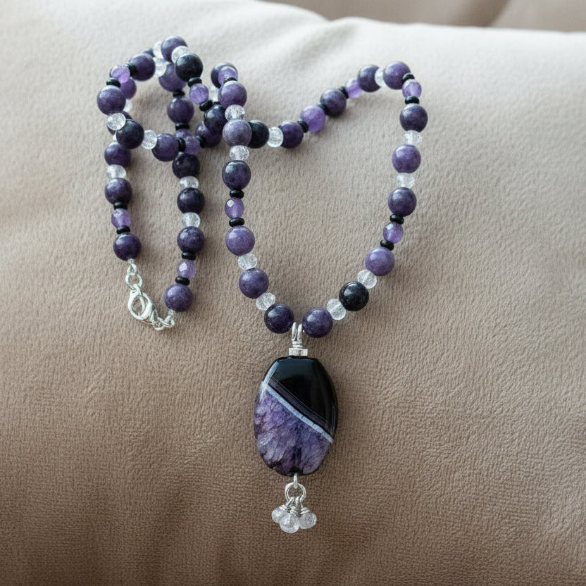 Necklace | Black & Amethyst Agate Pendant | Onyx | Purple Lepidolite & Amethyst Gemstones | 22”