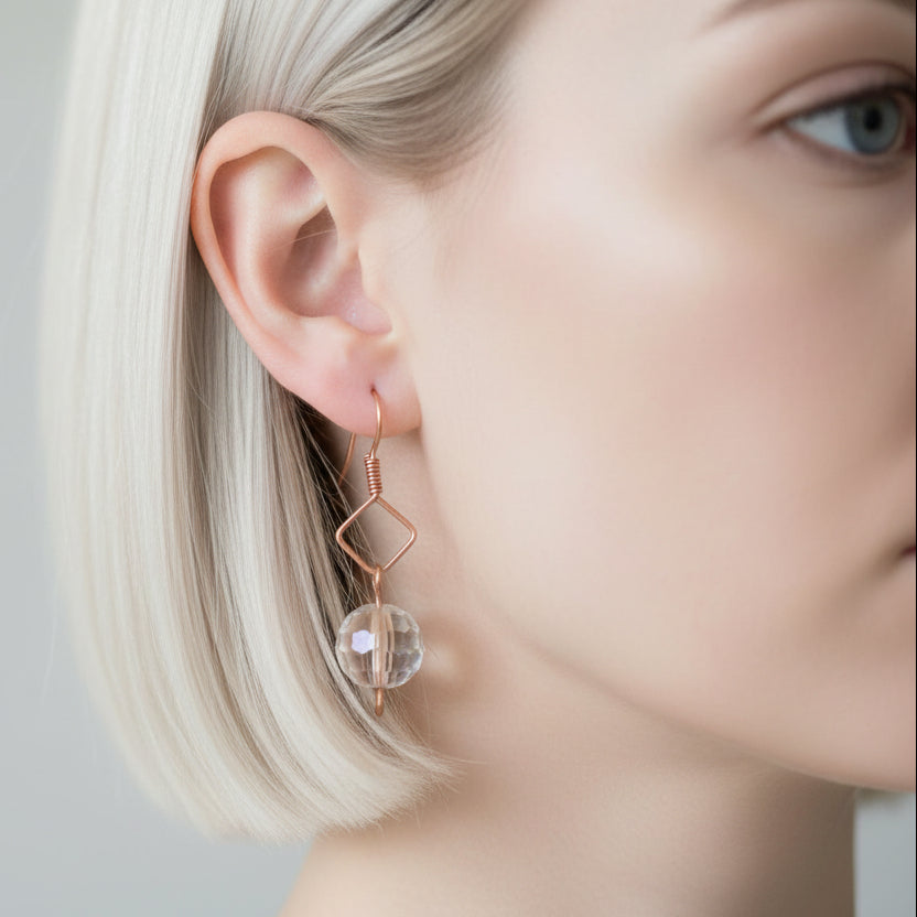 Earrings | Copper | Wire Wrapped Square Frame | Faceted Crystal Bead | 1.5”