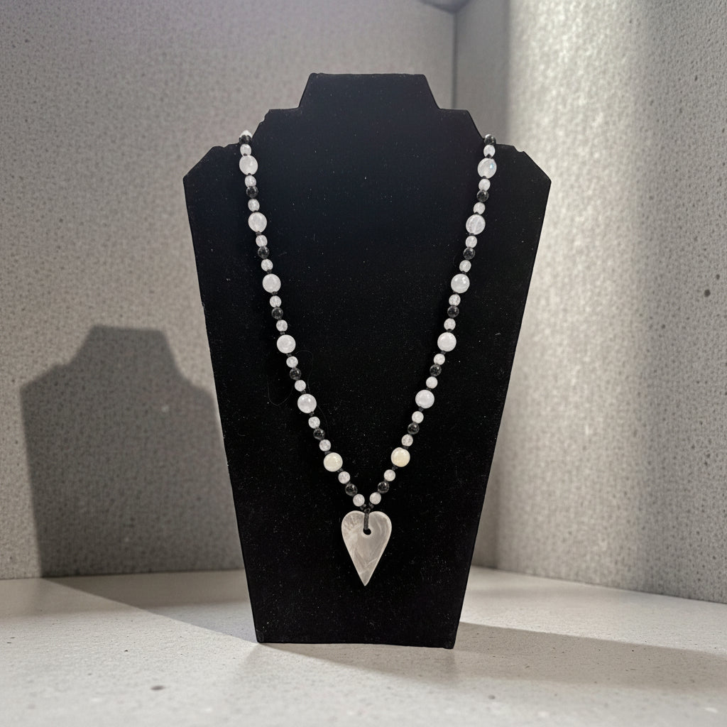 Necklace | Waxed Cording | Heart | Quartz Heart | Misty Agate | Black Onyx | 23"