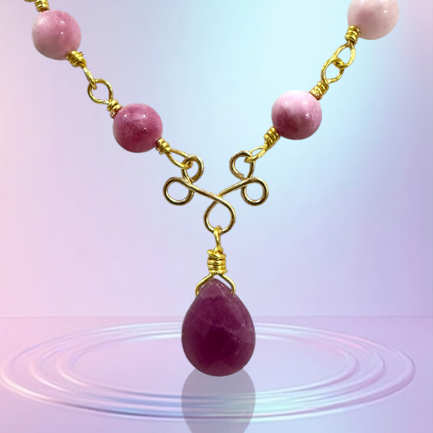 Fuchsia Rose Agate Necklace with Amethyst Teardrop Pendant 17”